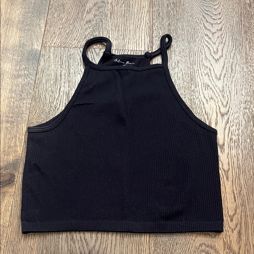Active Basic Black High-Neck Seamless Cropped Tank Top